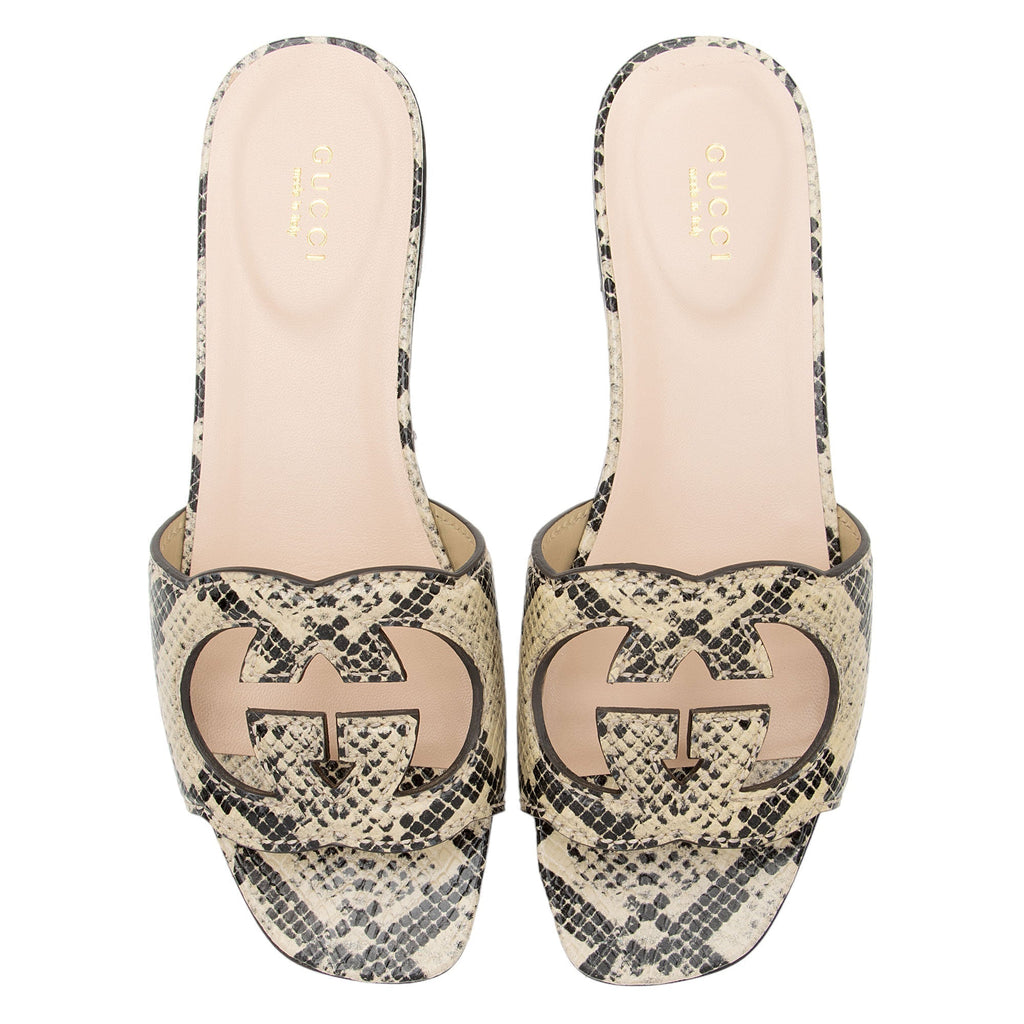 Gucci Python Embossed Leather Interlocking G Cut Out Slide Sandals - Size 7.5 / 37.5 (SHF-iUTWC2)