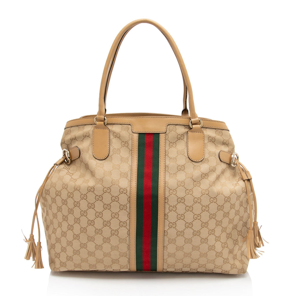 Gucci Vintage GG Canvas Web Tassel Tote (SHF-S7CL5b)