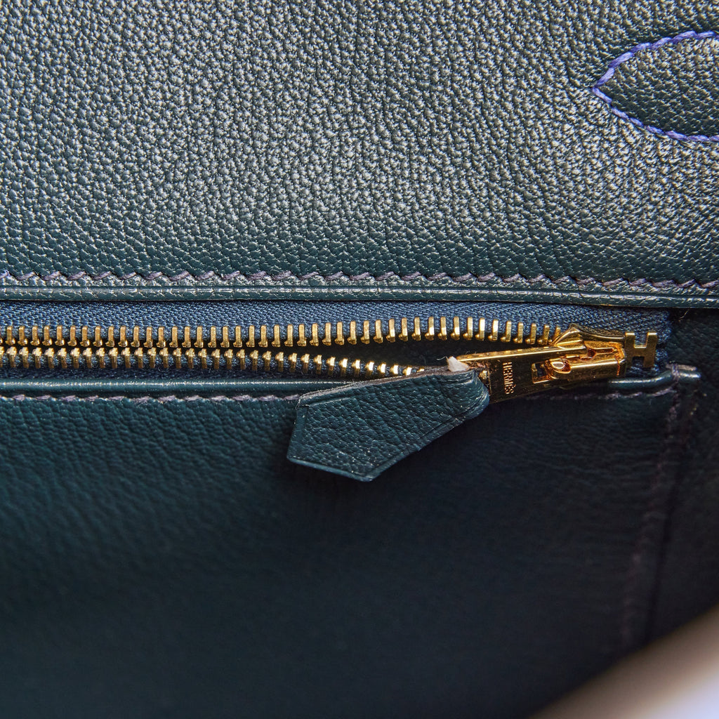 Top Quality Hermes Special Order (HSS) Birkin 25 Bleu Saphir and Vert Vertigo Chevre Brushed Gold Hardware