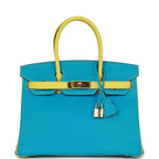 Top Quality Hermes Special Order (HSS) Birkin 30 Bleu Turquoise and Lime Chevre Gold Hardware