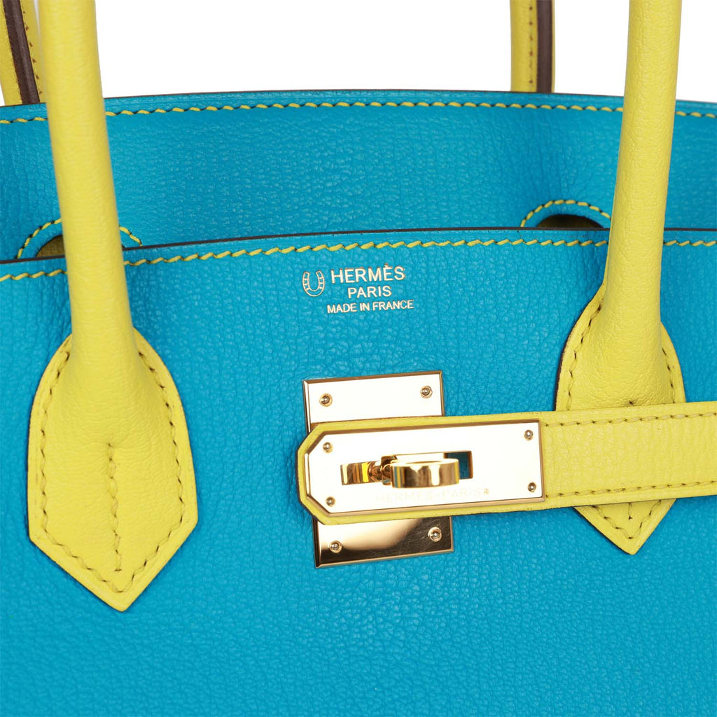 Top Quality Hermes Special Order (HSS) Birkin 30 Bleu Turquoise and Lime Chevre Gold Hardware