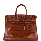 Top Quality Hermes Birkin 35 Miel Shiny Porosus Crocodile Palladium Hardware