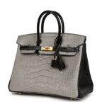 Hermes Special Order (HSS) Birkin 25 Gris Perle and Black Matte Alligator Brushed Gold Hardware
