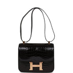 Hermes Constance 24 Black Shiny Alligator Rose Gold Hardware