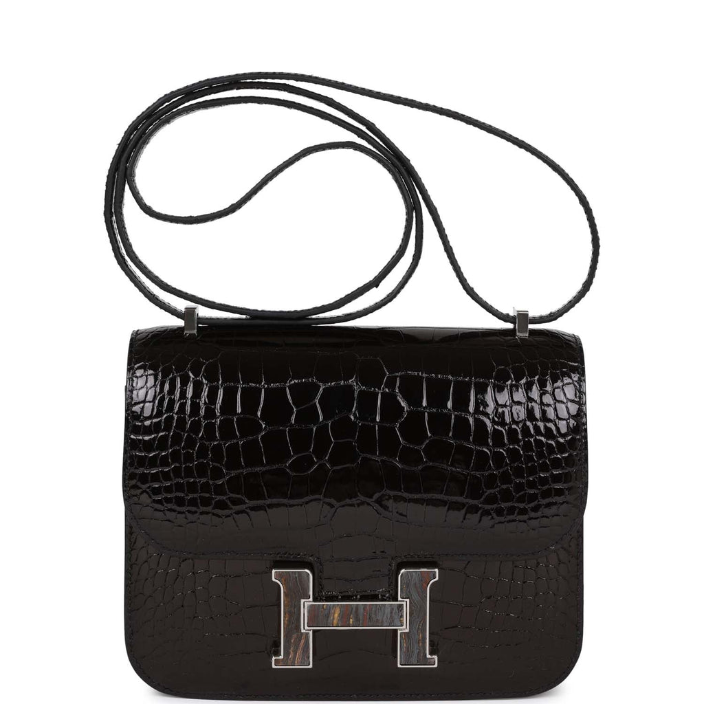 Hermes Constance 18 Black Shiny Alligator Palladium Tiger's Eye Hardware
