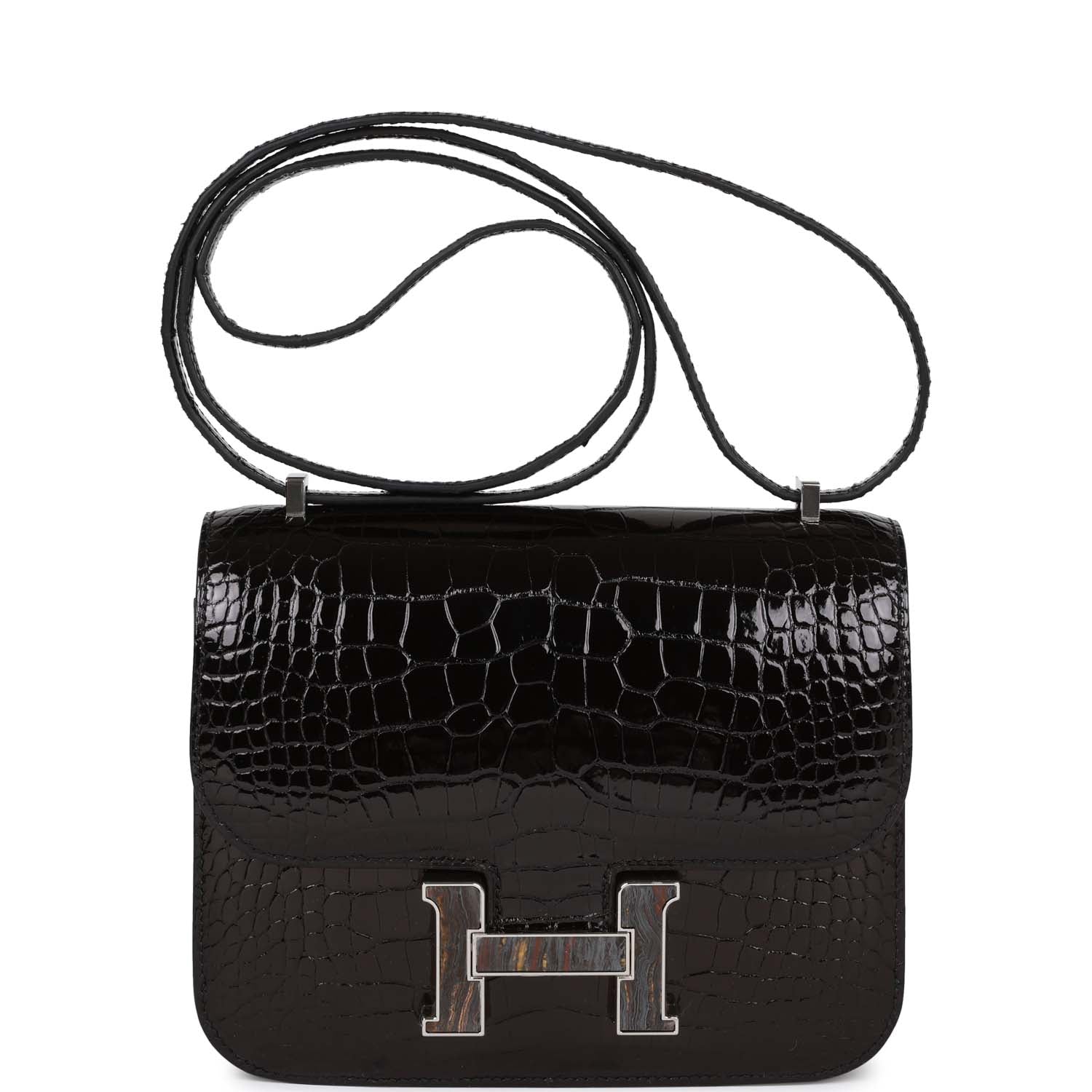 Hermes Constance 18 Black Shiny Alligator Palladium Tiger's Eye Hardware