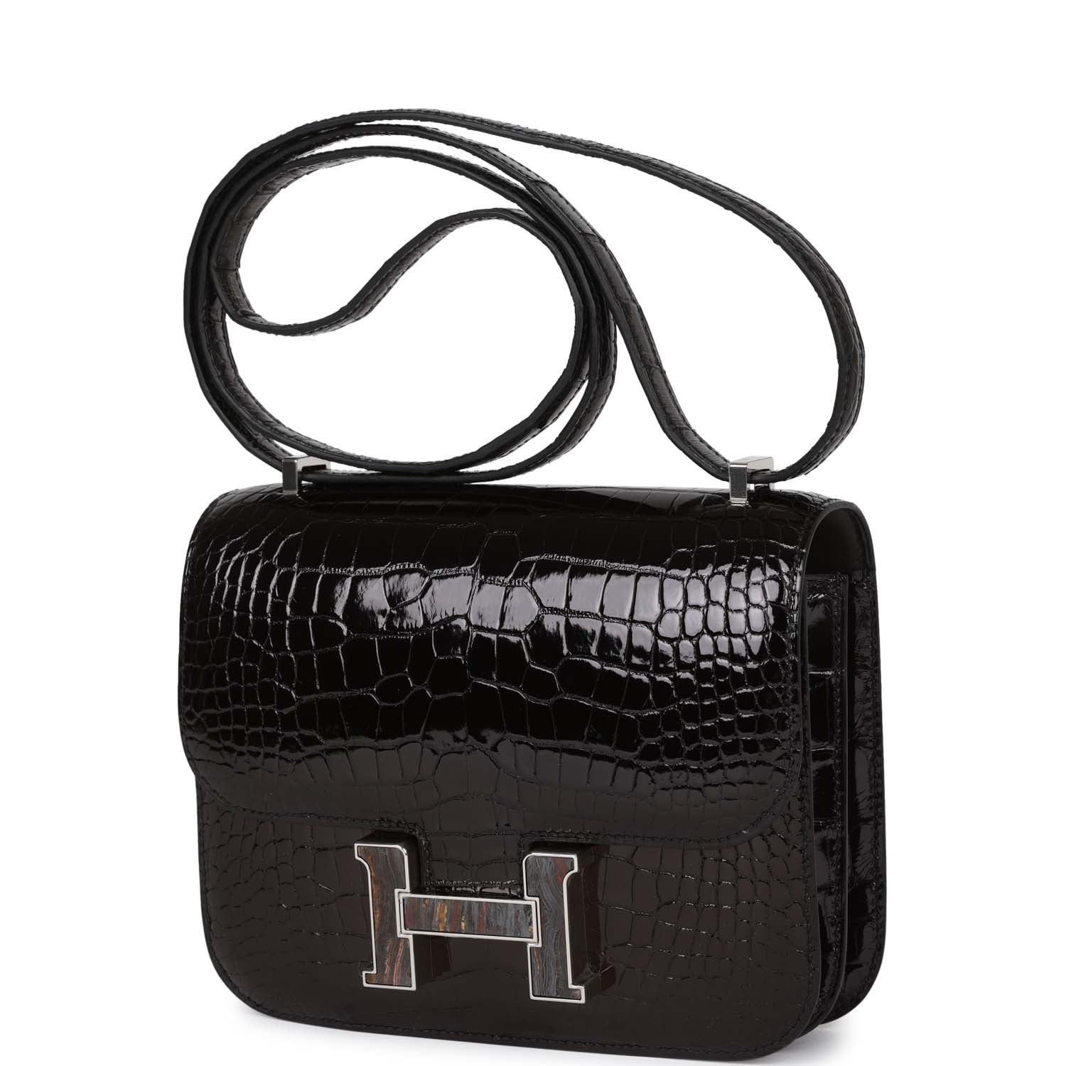 Hermes Constance 18 Black Shiny Alligator Palladium Tiger's Eye Hardware