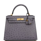 Hermes Special Order (HSS) Kelly Sellier 28 Gris Agate and Gris Perle Ostrich Brushed Gold Hardware