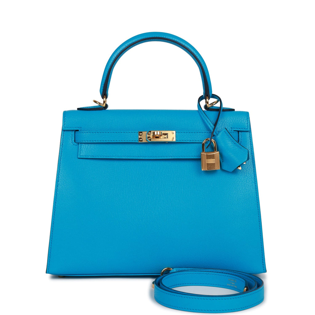 Hermes Kelly Sellier 25 Bleu Frida Chevre Gold Hardware