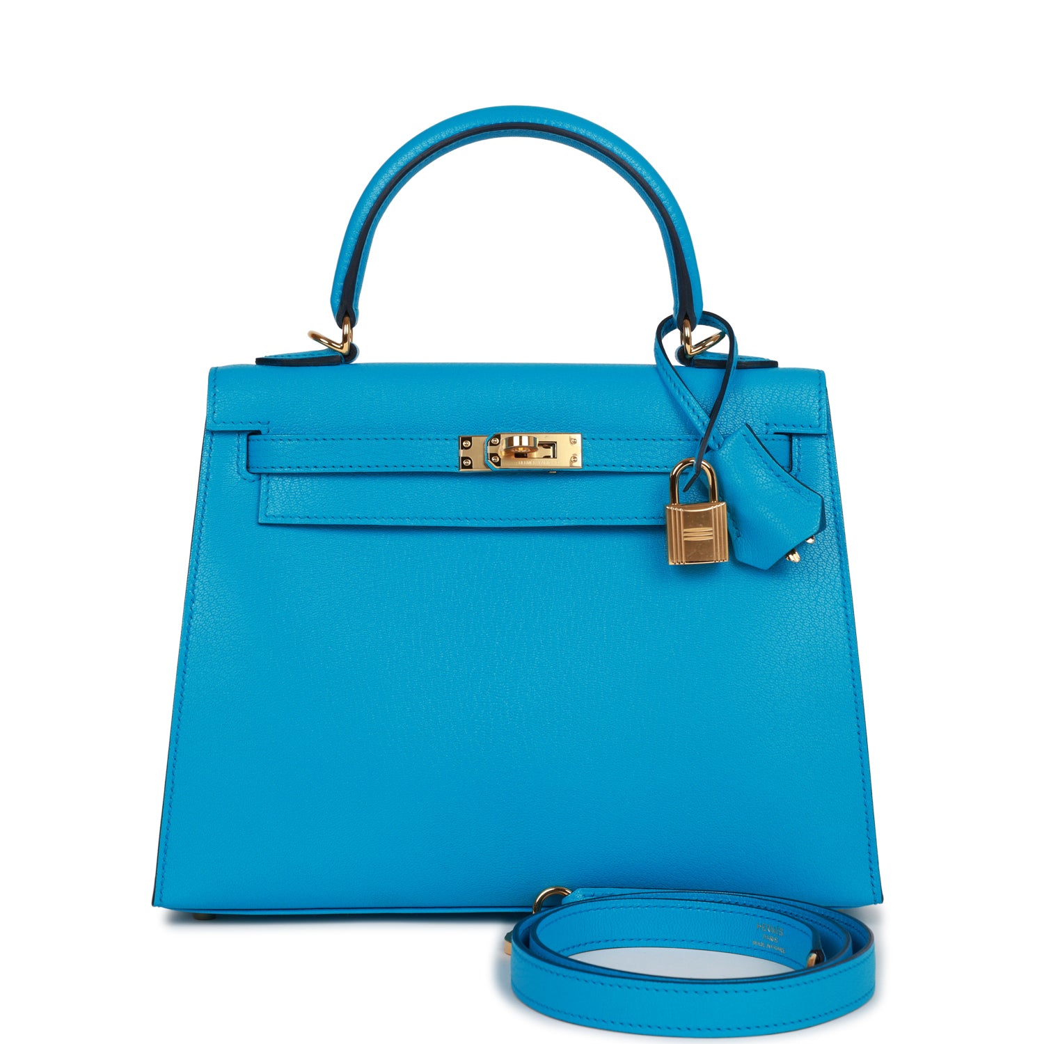 Hermes Kelly Sellier 25 Bleu Frida Chevre Gold Hardware