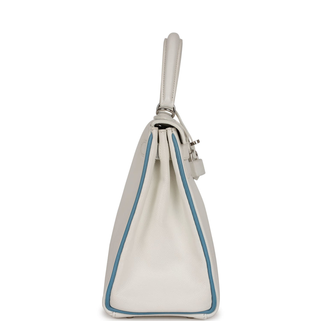 Top Quality Hermes Bi-color Kelly Retourne 28 White and Blue Jean Epsom Palladium Hardware