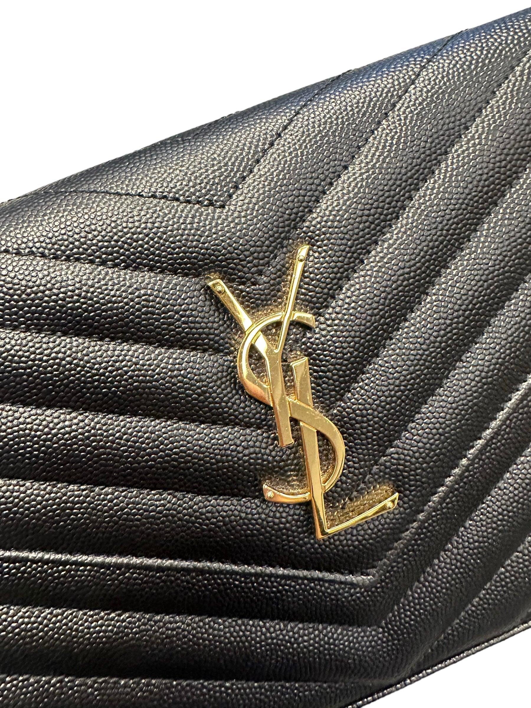 SAINT LAURENT- Black Grain de Poudre Monogramme wallet on chain