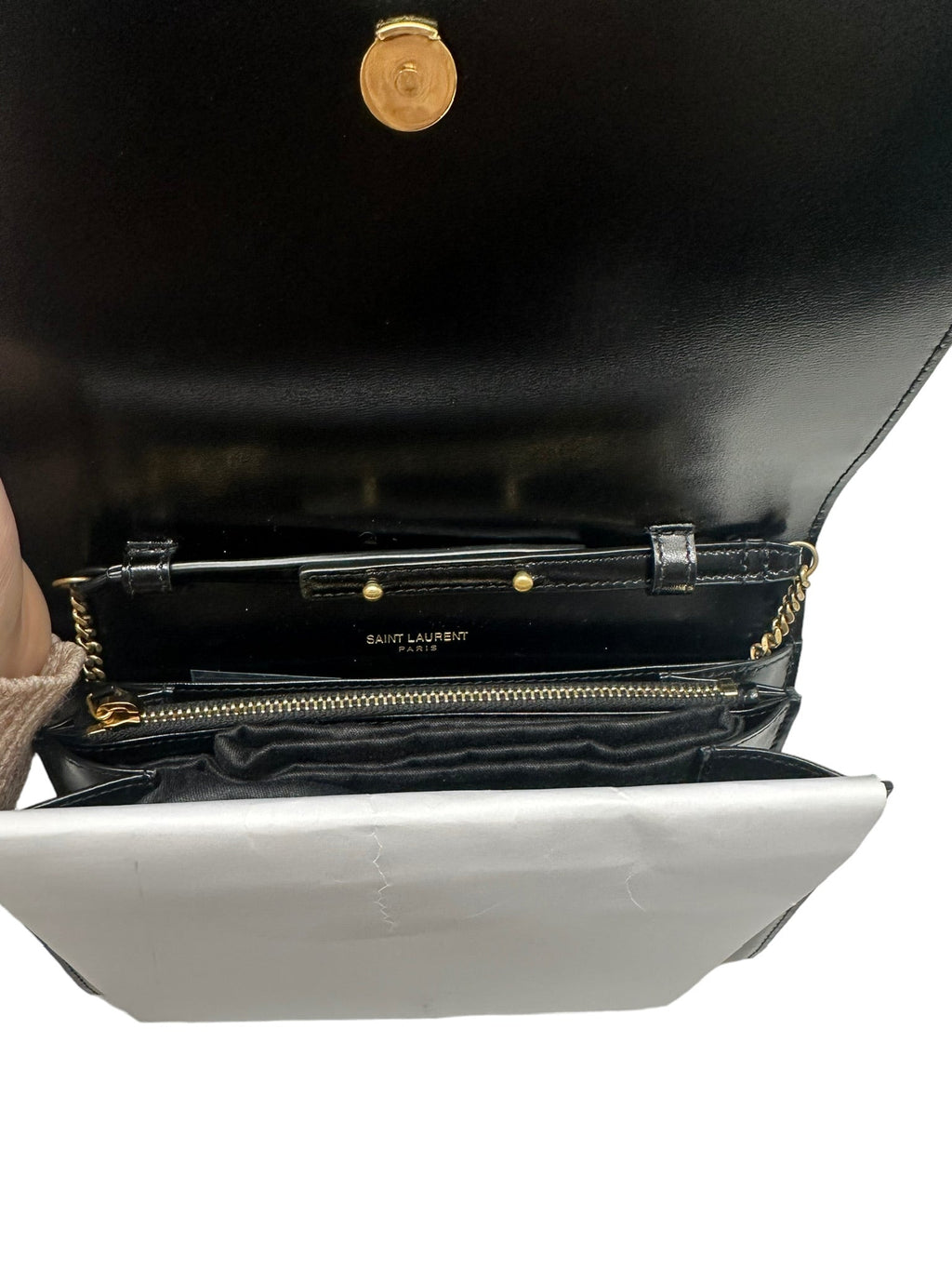SAINT LAURENT - Black Glossy Calfskin Cassandre Chain Wallet