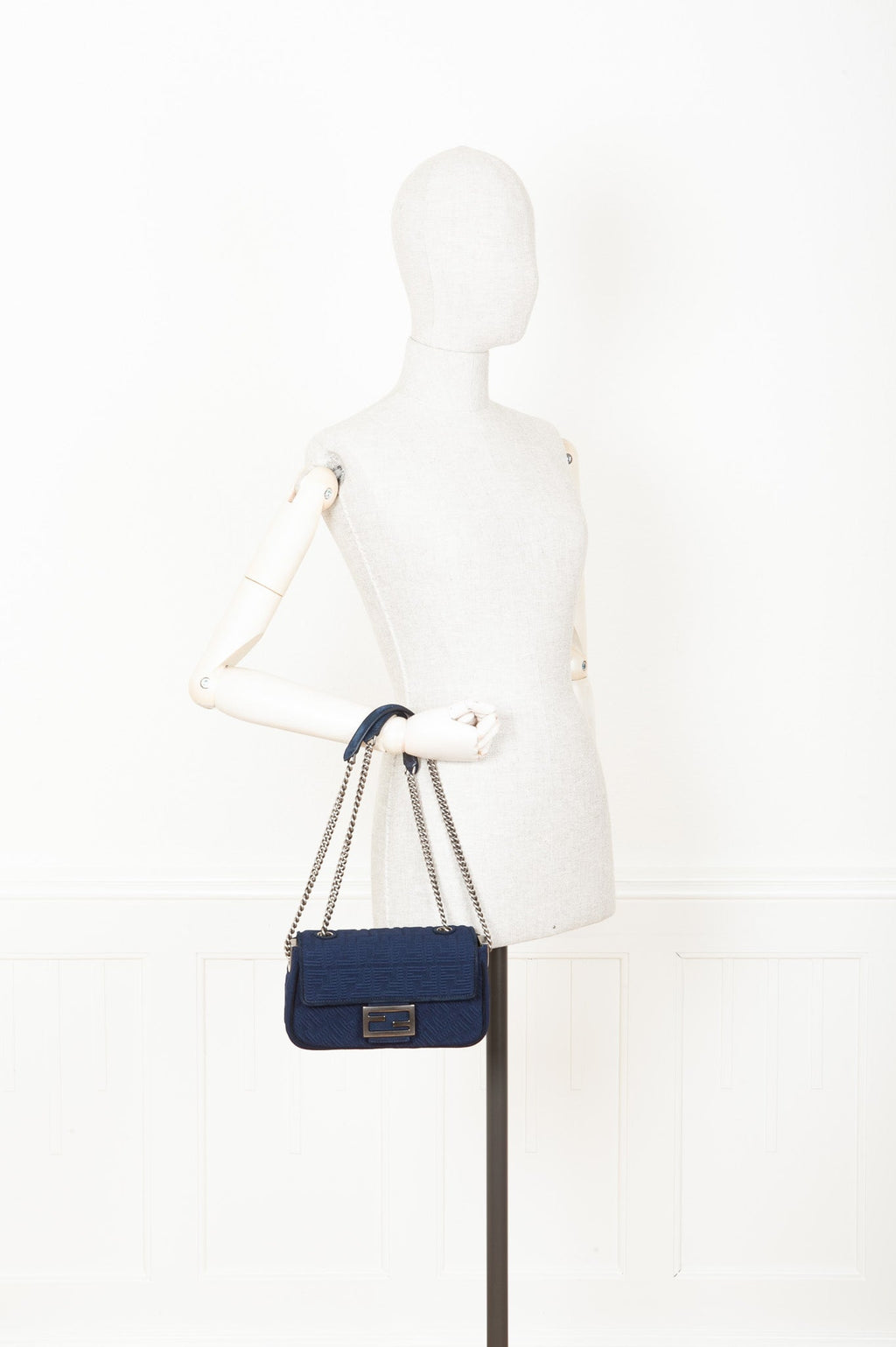 FENDI FF Baguette Chain Shoulder Bag Canvas Navy