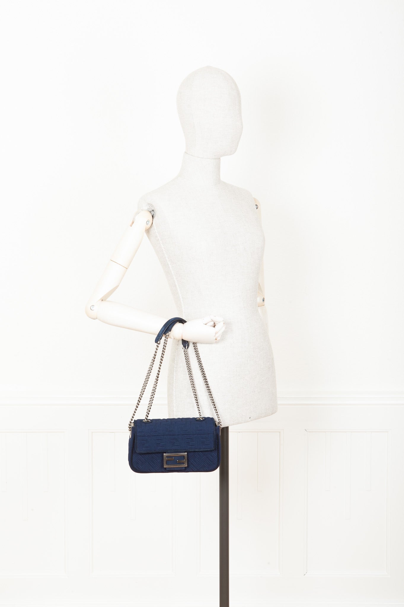 FENDI FF Baguette Chain Shoulder Bag Canvas Navy