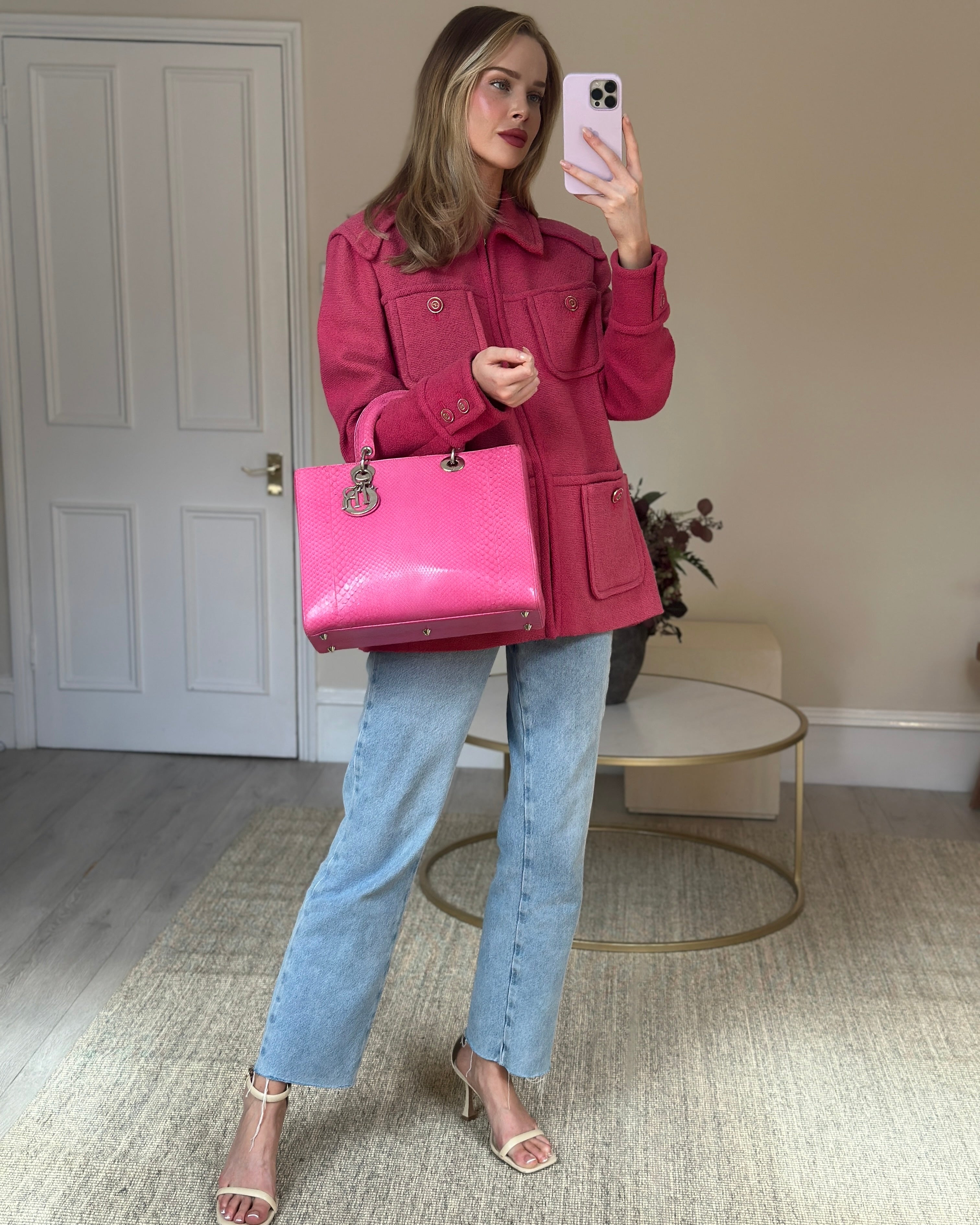 Christian Dior Large Pink Python Lady Dior Bag with Silver Hardware