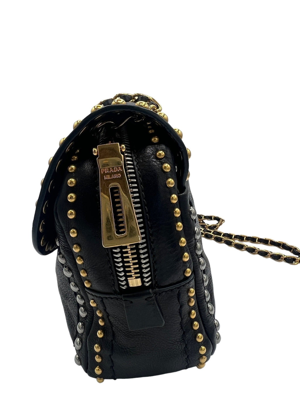 PRADA - Black Glace Calf Studded Pushlock Chain Shoulder Bag