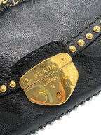 PRADA - Black Glace Calf Studded Pushlock Chain Shoulder Bag