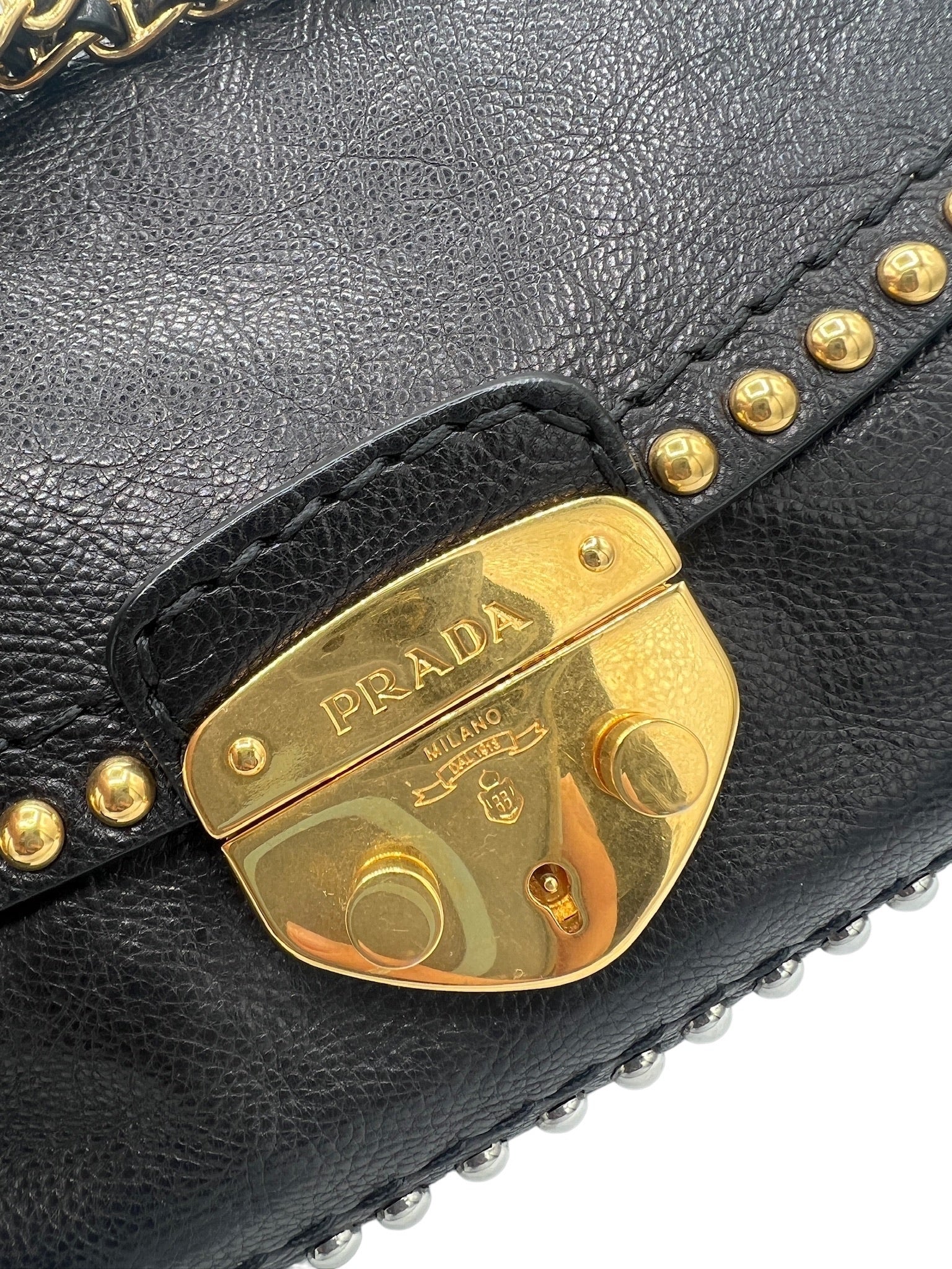 PRADA - Black Glace Calf Studded Pushlock Chain Shoulder Bag