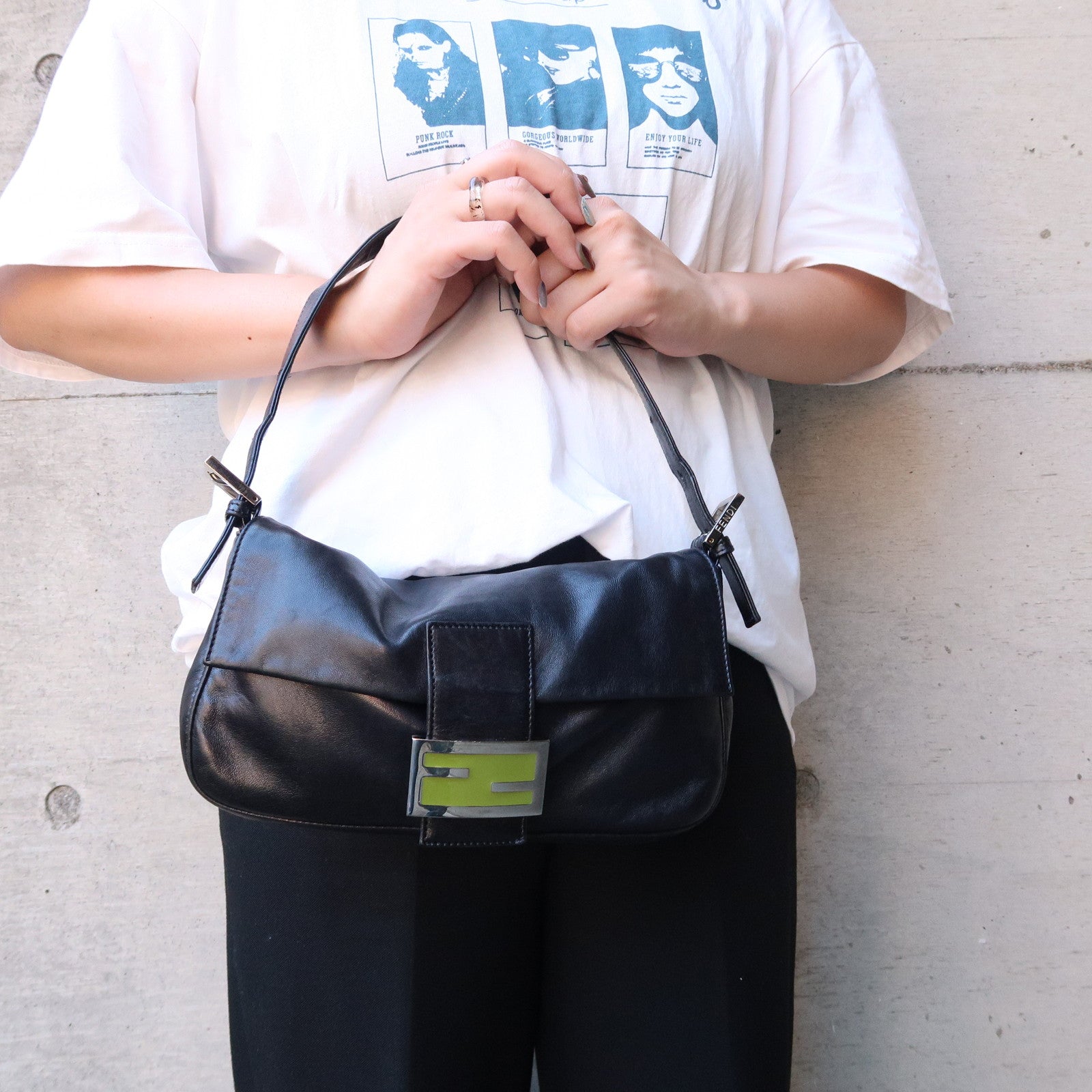 FENDI Mamma Baguette Leather Hand Bag Shoulder Bag Black Green