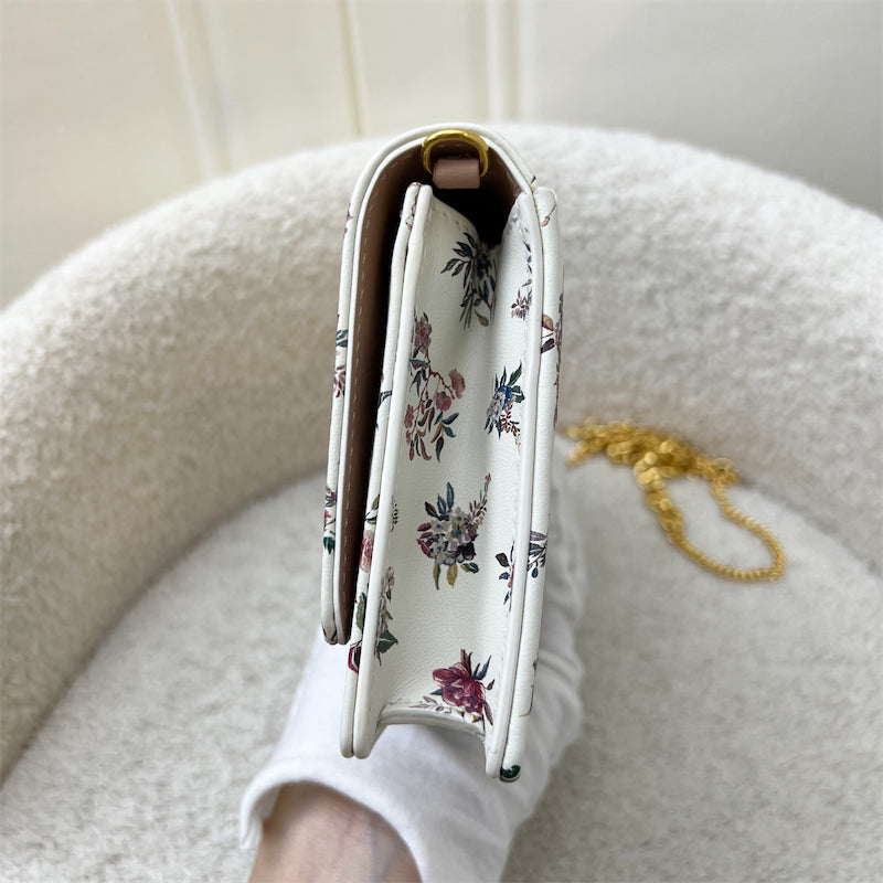 Dior Caro Pouch / Wallet on Chain WOC in White Petites Fleurs Calfskin and GHW