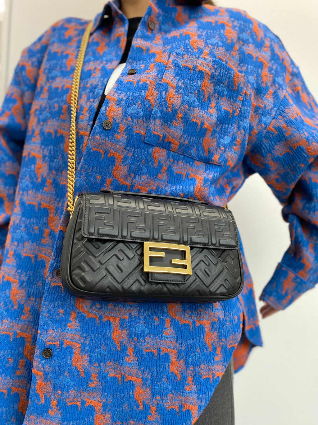 FENDI Zucca Baguette Leather 2Way Shoulder Bag Black 8BR793