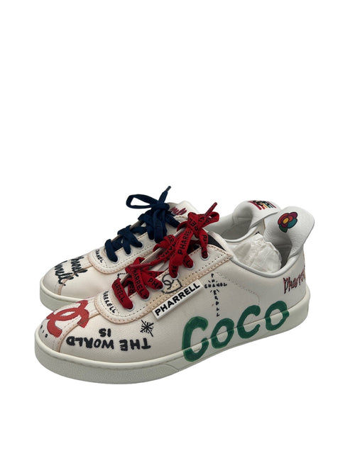 CHANEL - White Multi Canvas Leather Sneakers