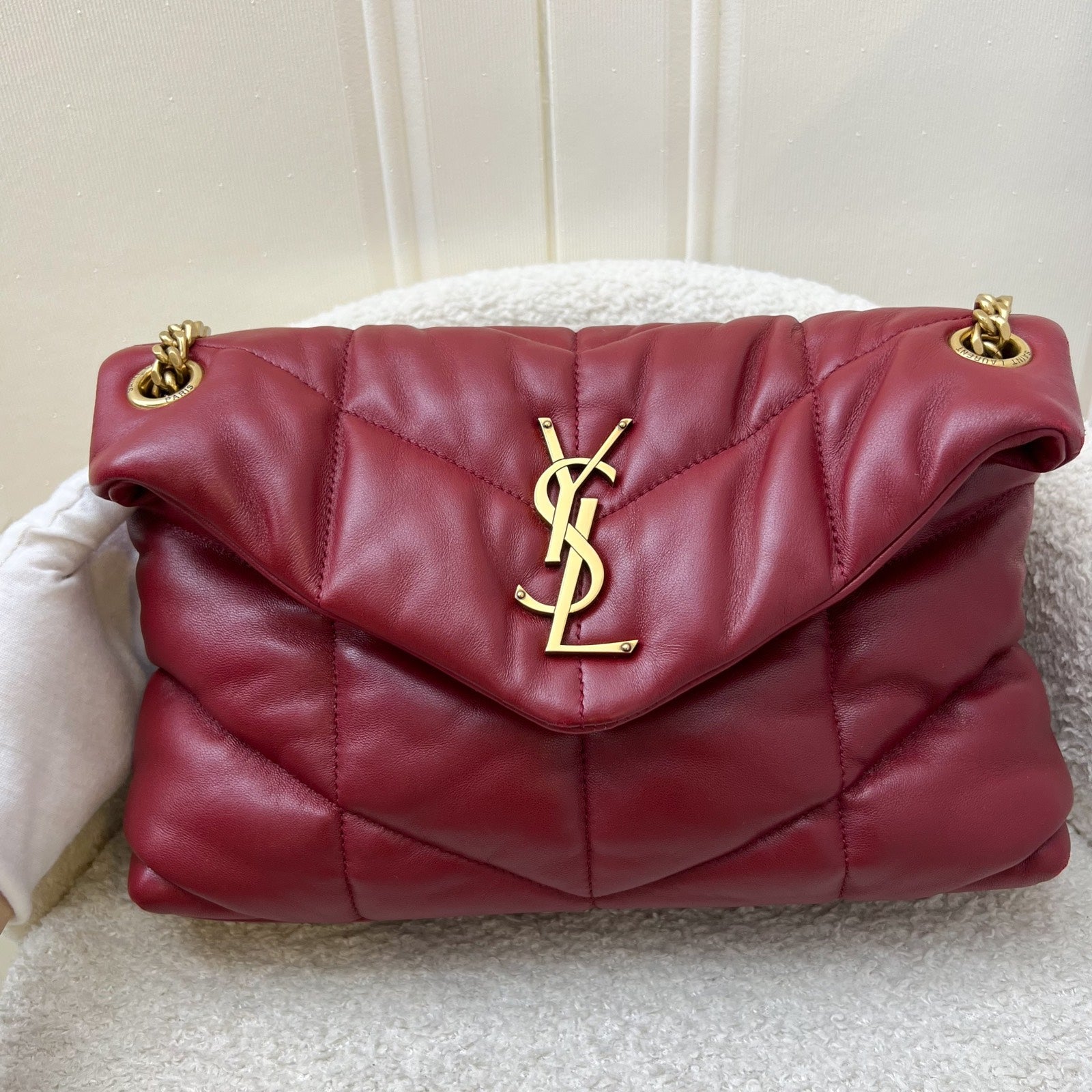 Saint Laurent YSL Small Loulou Puffer Bag in Raspberry Red Lambskin and GHW