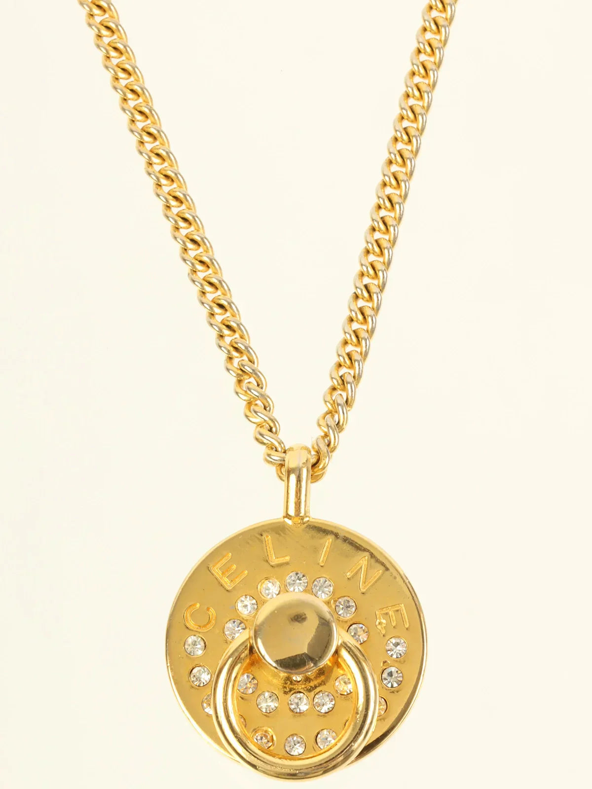 CELINE Rhinestone Round Logo Plate Necklace
