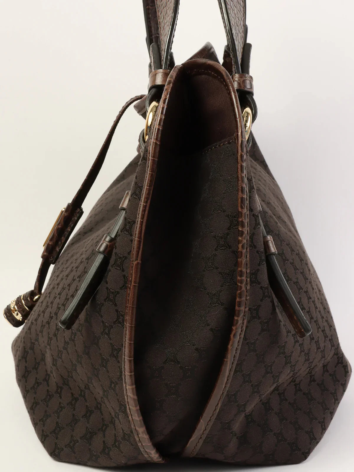 CELINE Canvas Crocodile Embossed Combination Macadam Pattern Logo Plate Top Handel Bag Black