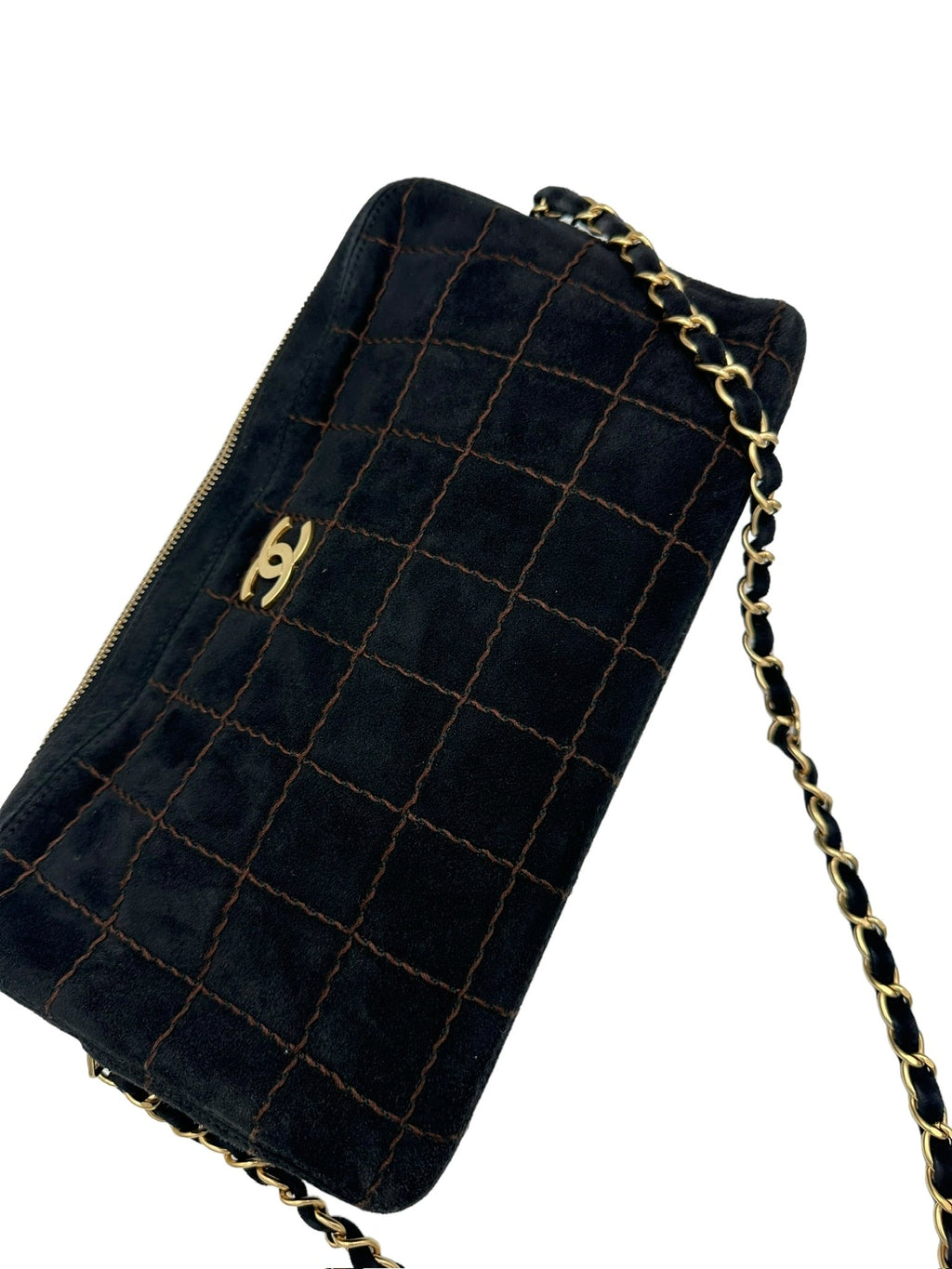CHANEL - Chocolate Bar Shoulder Bag Black Dark Brown Suede