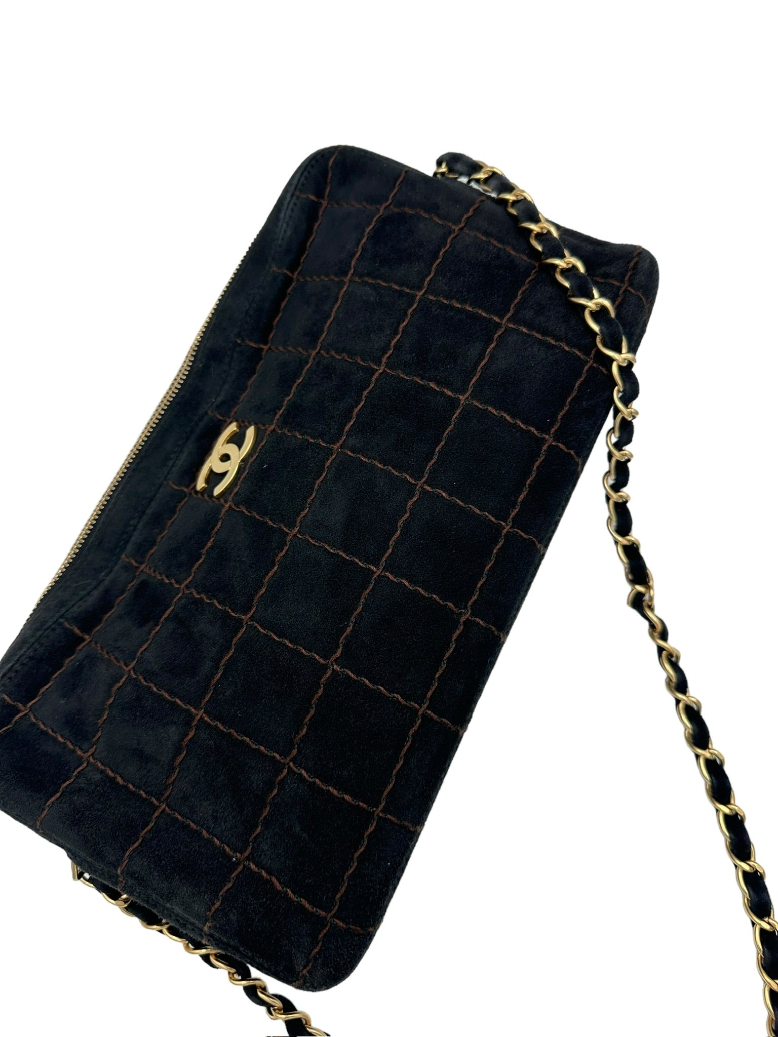 CHANEL - Chocolate Bar Shoulder Bag Black Dark Brown Suede