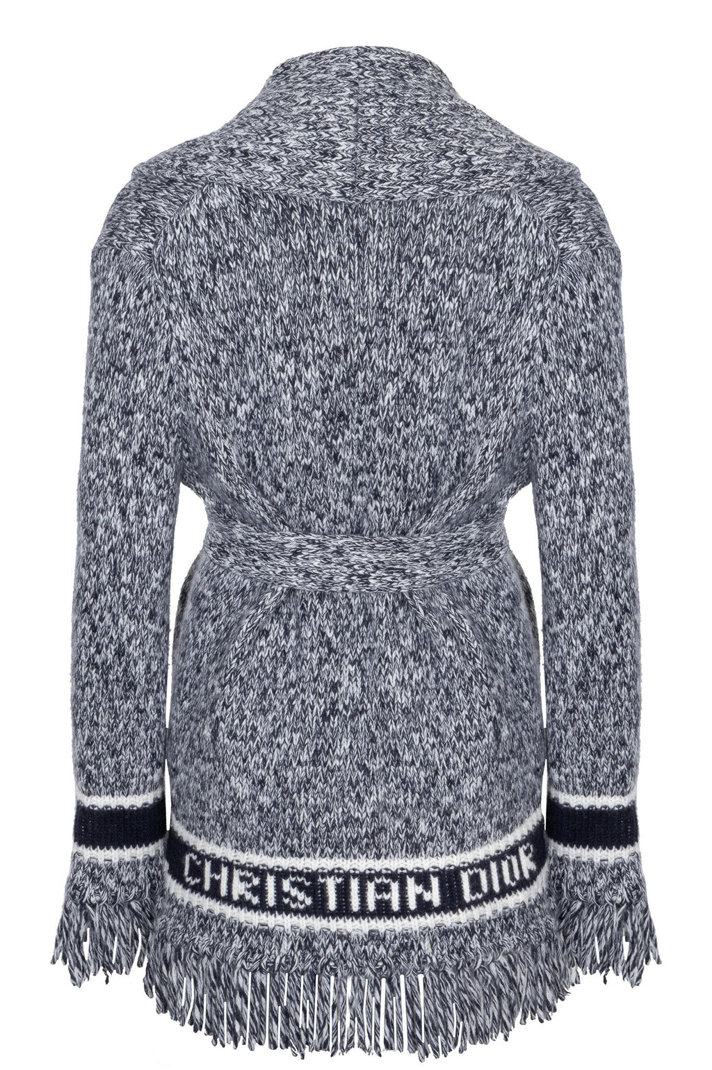 CHRISTIAN DIOR Belted Knit Cardigan Wool Blue Ivory