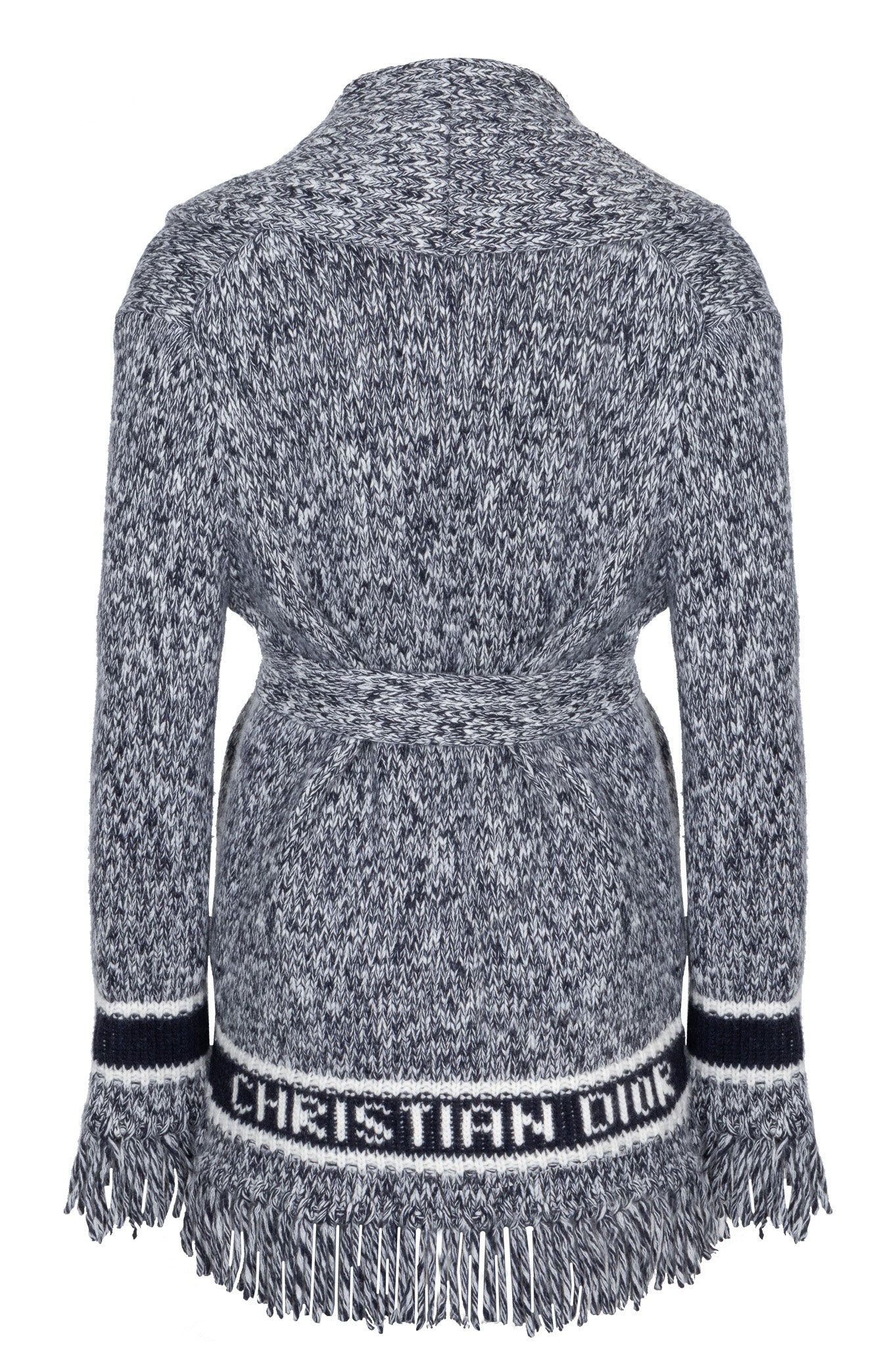 CHRISTIAN DIOR Belted Knit Cardigan Wool Blue Ivory