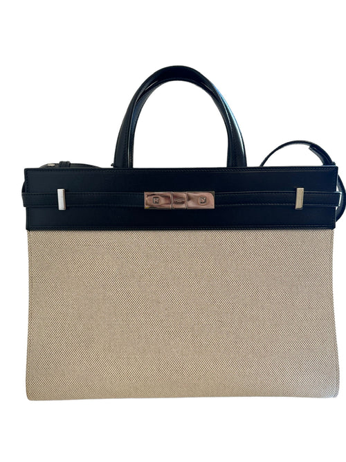 SAINT LAURENT - Beige Canvas & Black Calfskin Small Manhattan Tote