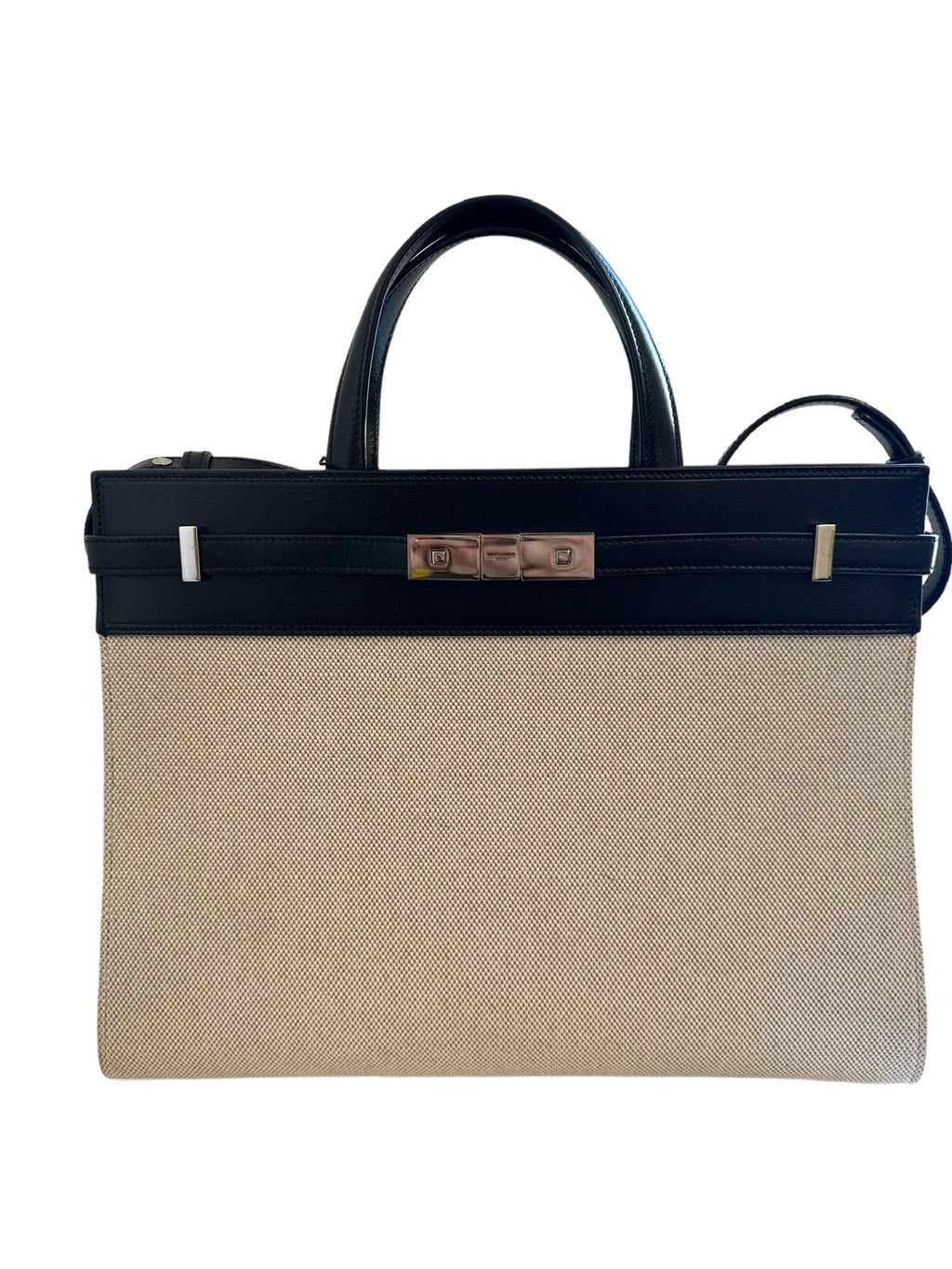 SAINT LAURENT - Beige Canvas & Black Calfskin Small Manhattan Tote