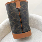 Celine Small Triomphe Bucket Bag in Triomphe Canvas, Tan Calfskin and GHW (Model: 191442CAS.04LU)