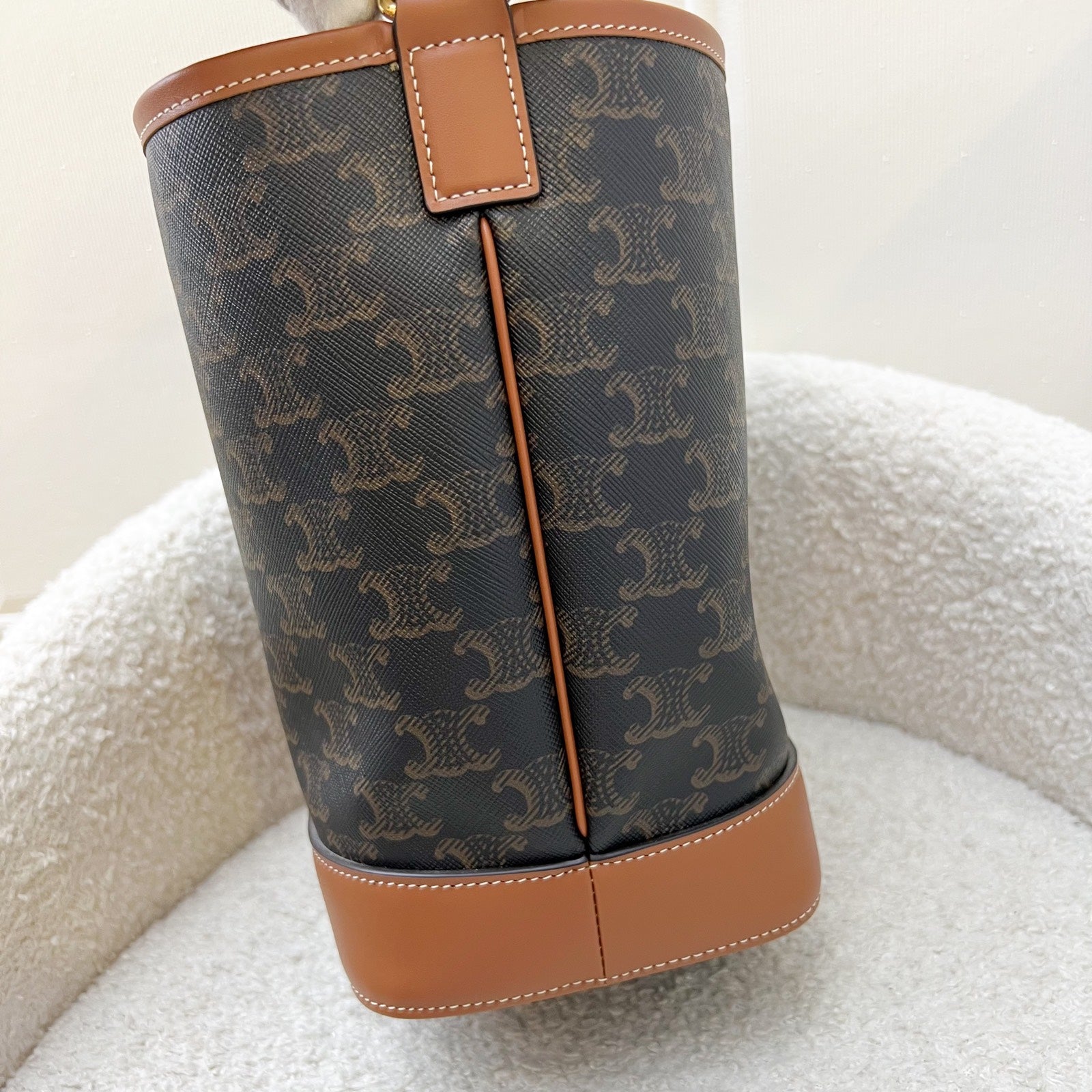 Celine Small Triomphe Bucket Bag in Triomphe Canvas, Tan Calfskin and GHW (Model: 191442CAS.04LU)
