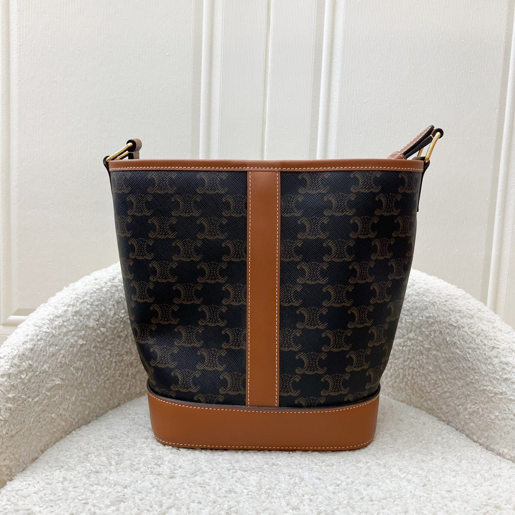 Celine Small Triomphe Bucket Bag in Triomphe Canvas, Tan Calfskin and GHW (Model: 191442CAS.04LU)