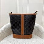 Celine Small Triomphe Bucket Bag in Triomphe Canvas, Tan Calfskin and GHW (Model: 191442CAS.04LU)