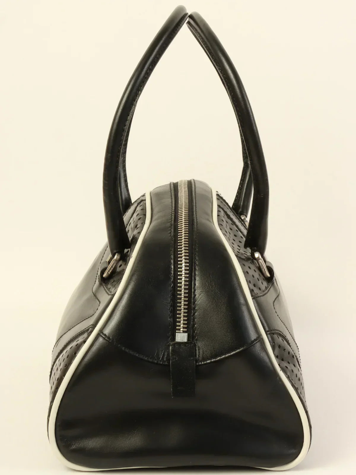 PRADA Punching Leather Logo Embossed Top Handle Bag Black