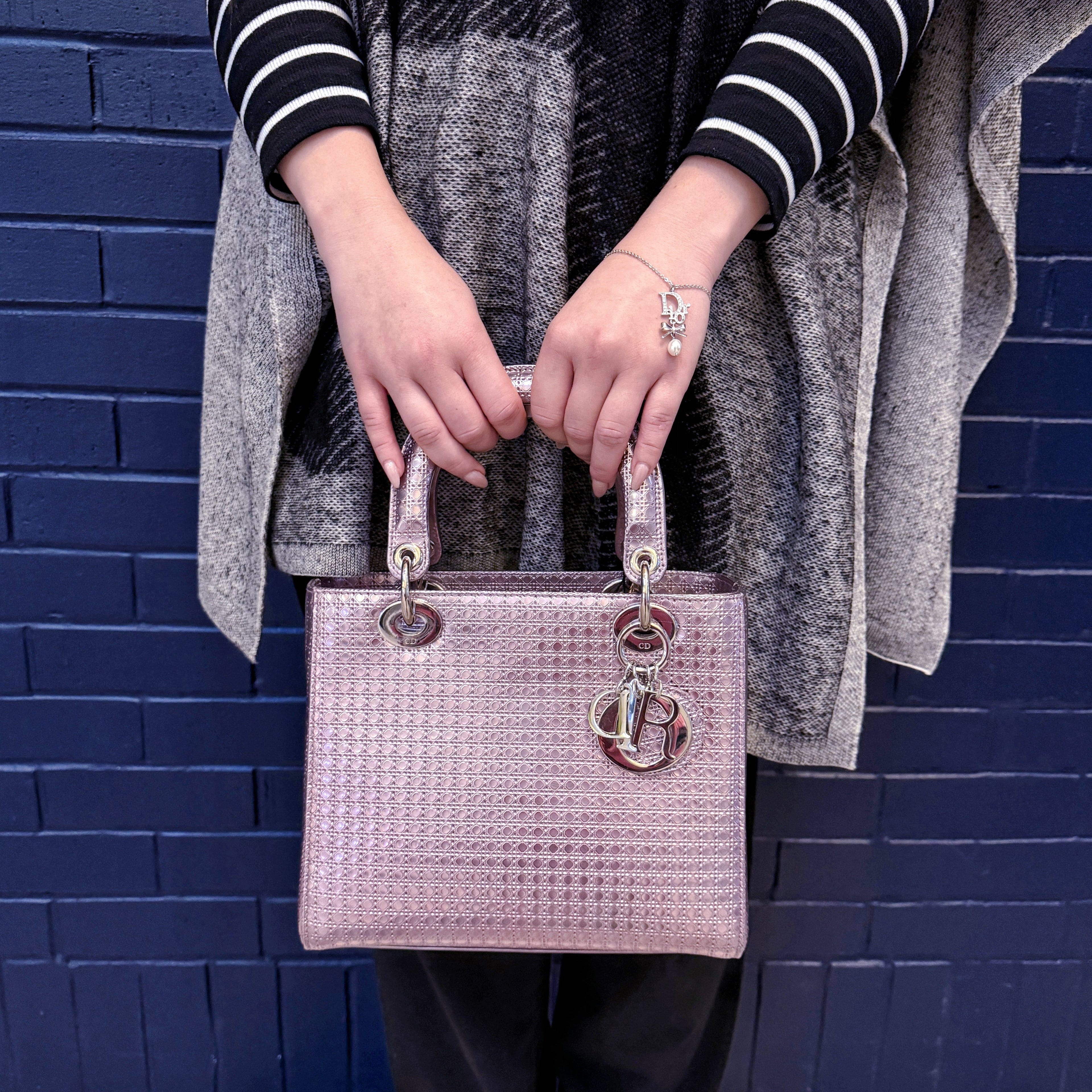 CHRISTIAN DIOR Metallic Pink Microcannage Leather Medium Lady Dior Tote TWS