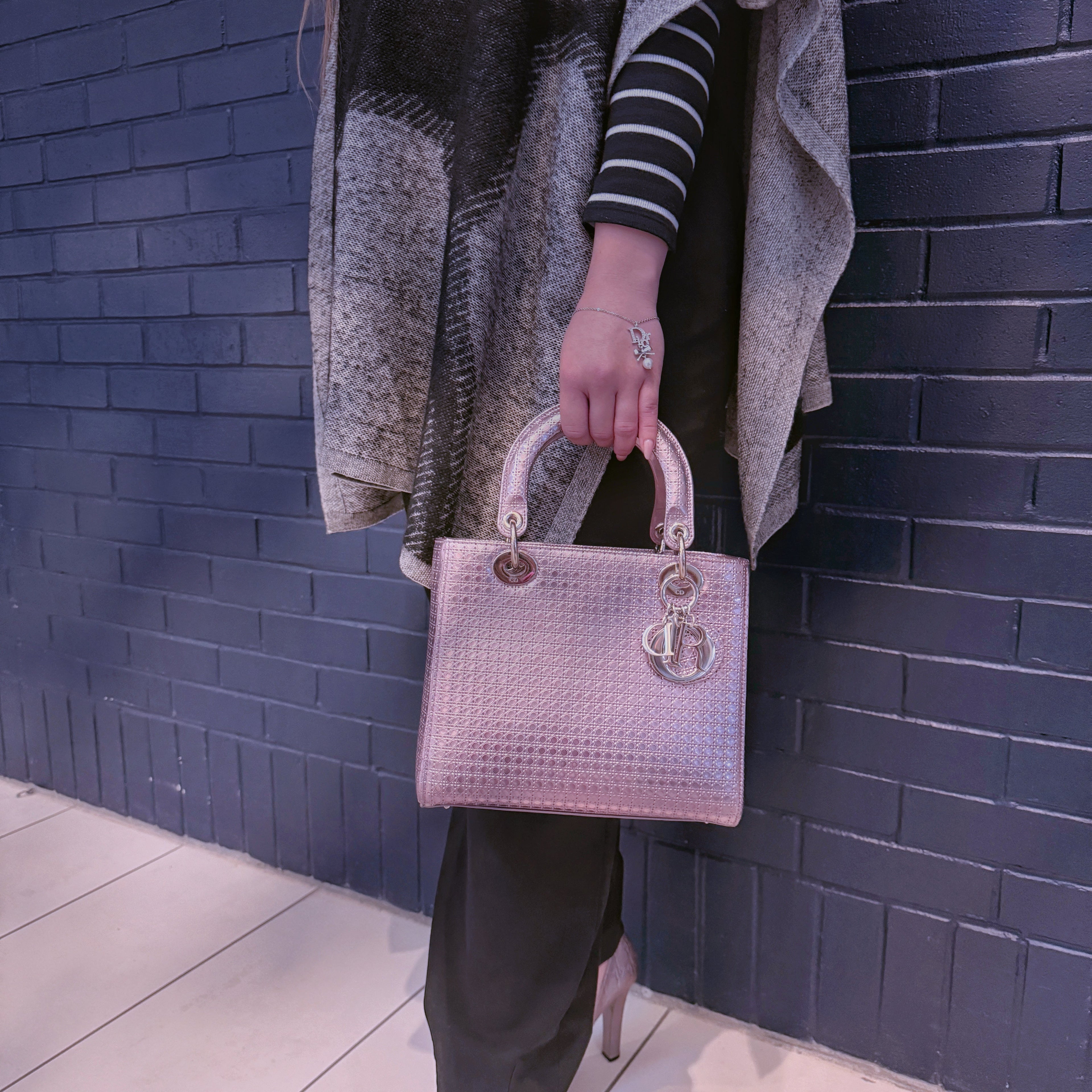 CHRISTIAN DIOR Metallic Pink Microcannage Leather Medium Lady Dior Tote TWS