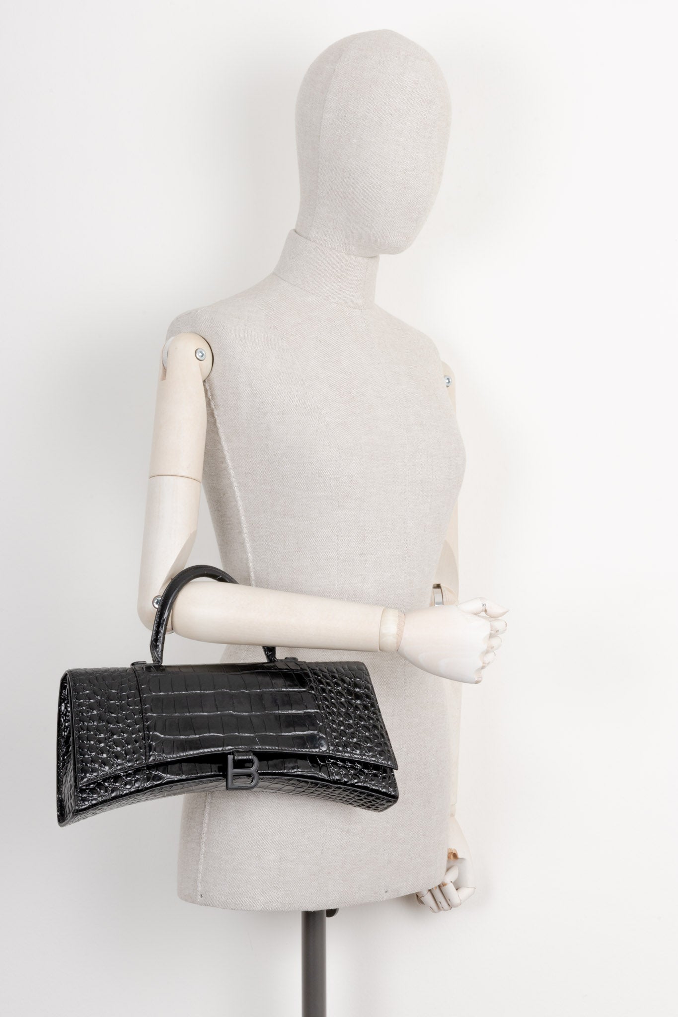 BALENCIAGA Hourglas Stretch Bag Croc Embossed Black