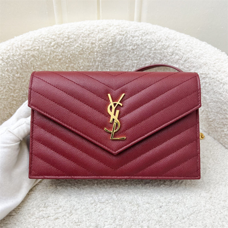 Saint Laurent YSL Small Wallet on Chain WOC in Dark Red Grained Leather and GHW