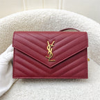 Saint Laurent YSL Small Wallet on Chain WOC in Dark Red Grained Leather and GHW