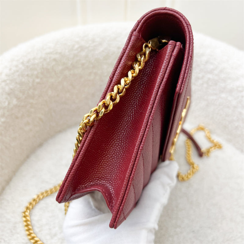 Saint Laurent YSL Small Wallet on Chain WOC in Dark Red Grained Leather and GHW