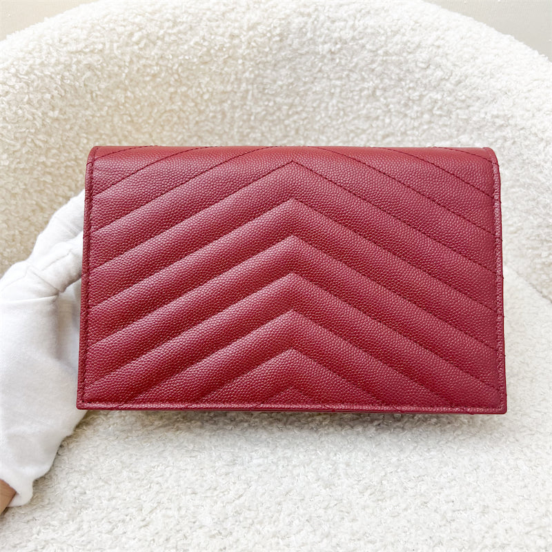 Saint Laurent YSL Small Wallet on Chain WOC in Dark Red Grained Leather and GHW