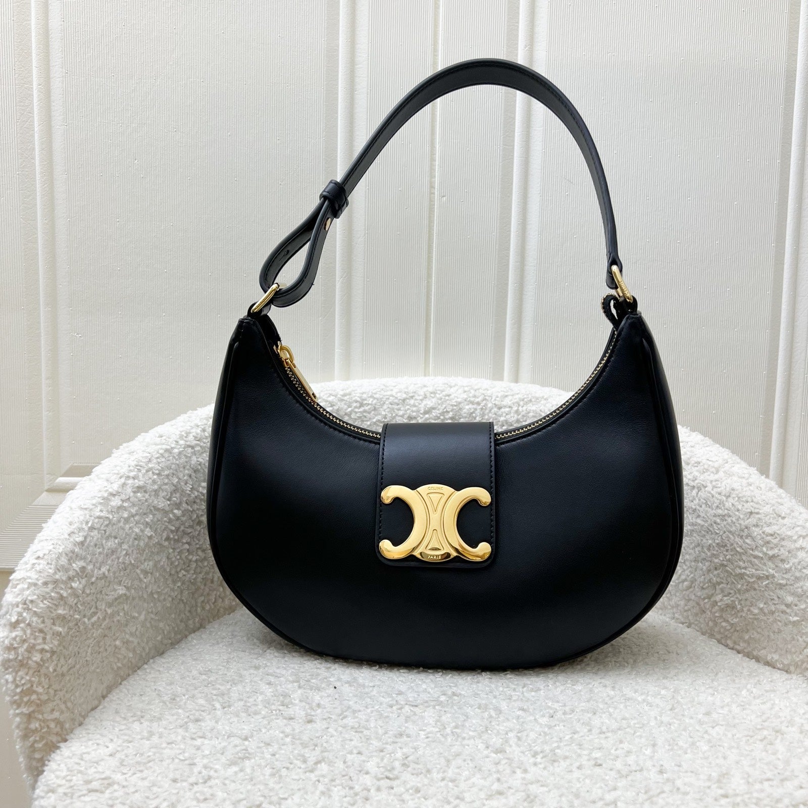 Celine Medium Ava Triomphe Bag in Black Smooth Calfskin and GHW