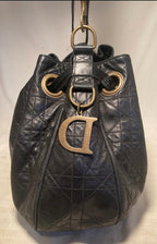 CHRISTIAN DIOR Black Leather Cannage Drawstring Shoulder Bag